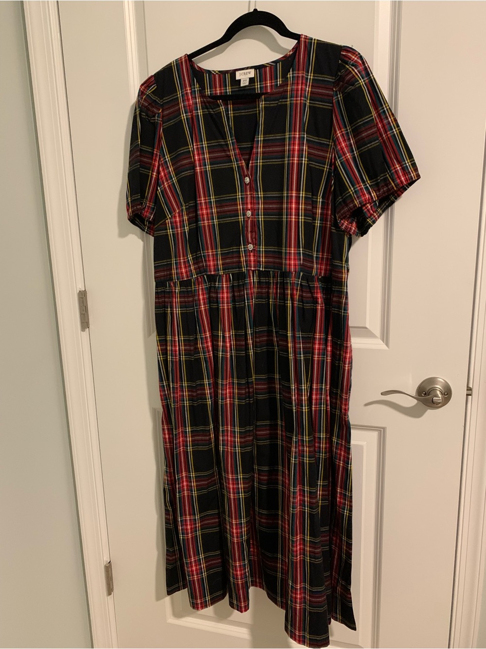 J. Crew Black, Red and Yellow Plaid Button-Front Midi Dress